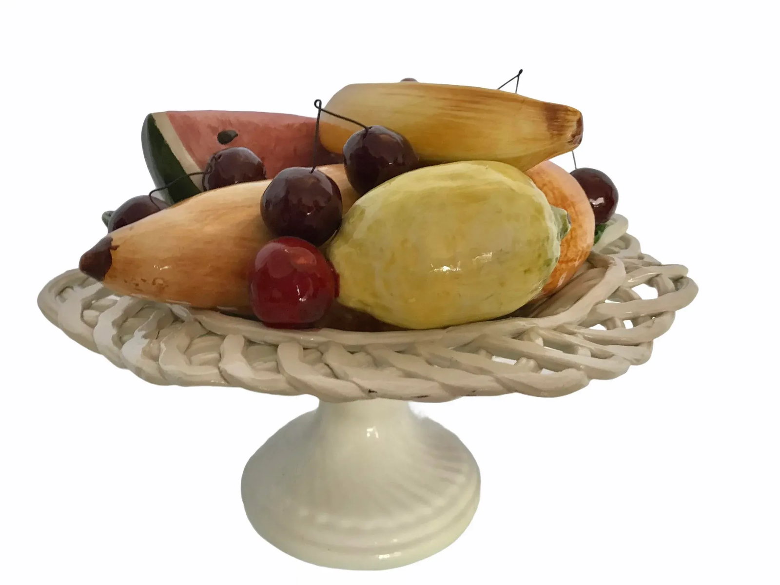 Italian Handpainted 1950's Bassano Capodimonte Fruit Centerpiece Ceramic Lattice Handpainted - 9