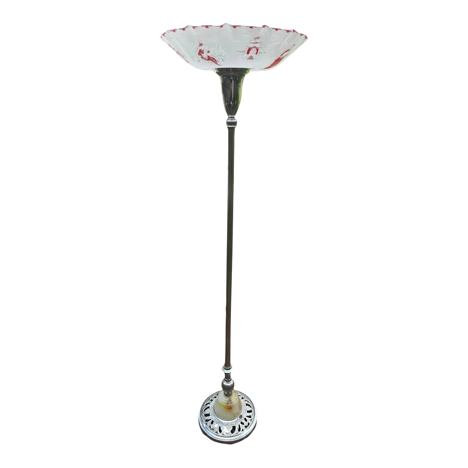 1930s French Mid-Century Modern Asian Torchiere Chrome With Marble and Metal Base: Picture this: a French 1930s Mid-Century Modern Art Deco torchiere floor lamp. This elegant piece features a sleek chrome design, accented with a marble and metal base. The lamp combines the