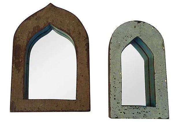 Brown & Blue Indian Archway Mirrors - A Pair: Pair of vintage Indian archway mirrors with painted and distressed teak wood frames. Purchased in India. Smaller mirror, 8"L x 4.5"W. Some wear and chips. Condition: Condition Notes: Good - Moderate