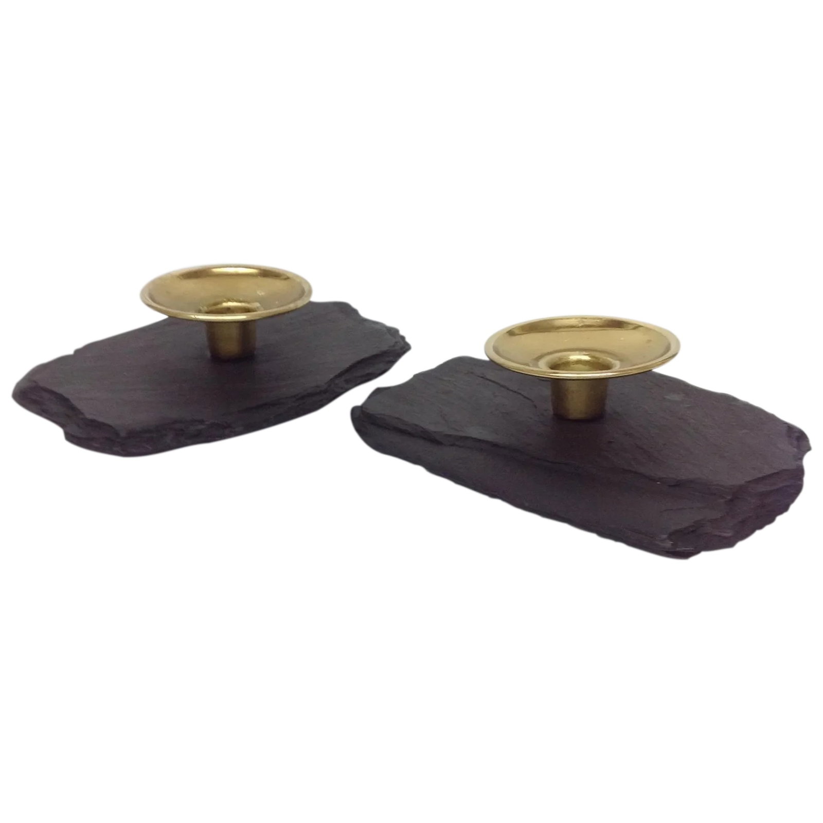 Black Slate & Solid Brass Candle Holders - A Pair: A pair of black slate and solid brass candle holders. Condition: Condition Notes: Excellent - Minor wear consistent with age and history Materials & Techniques: Brass