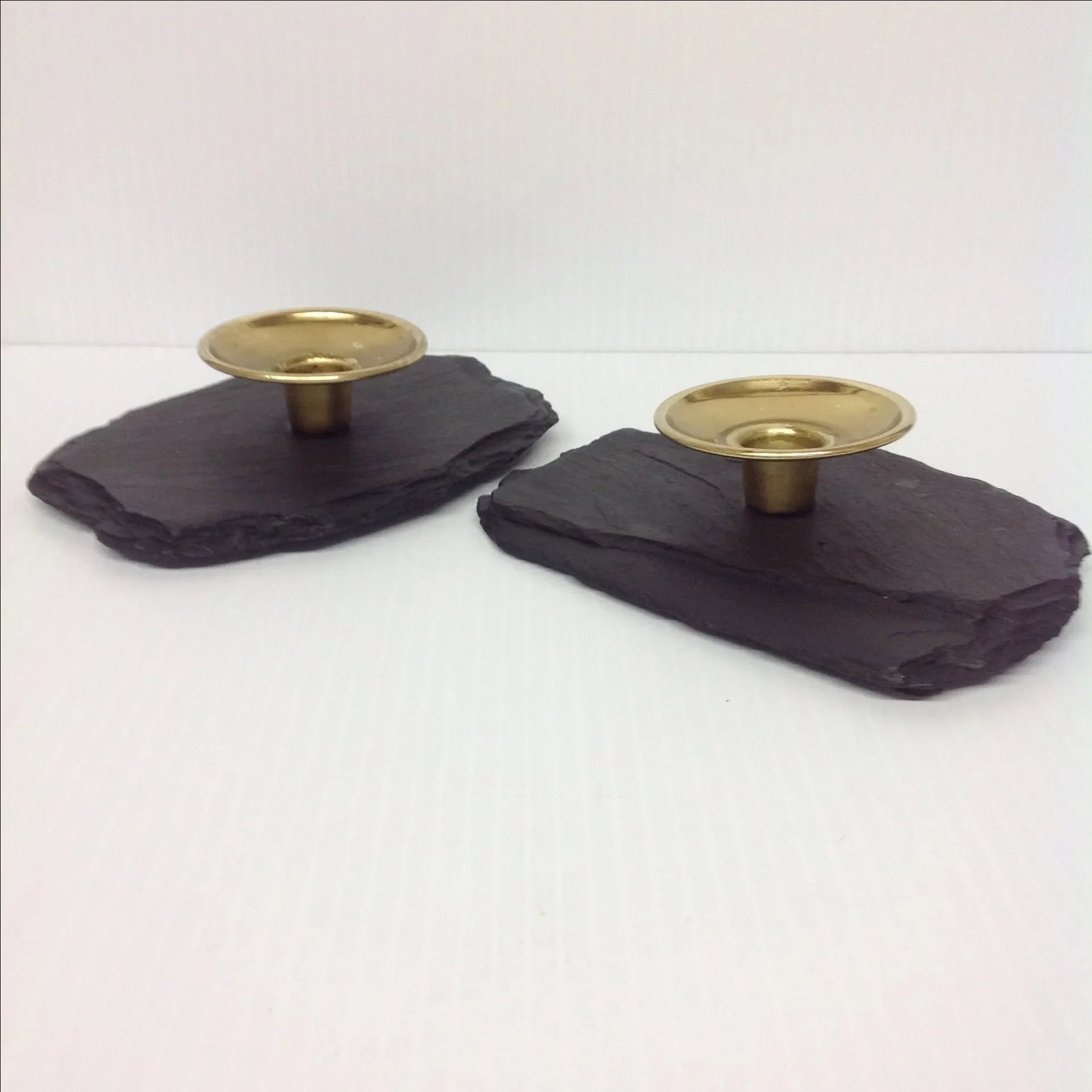 Black Slate & Solid Brass Candle Holders - A Pair - 2