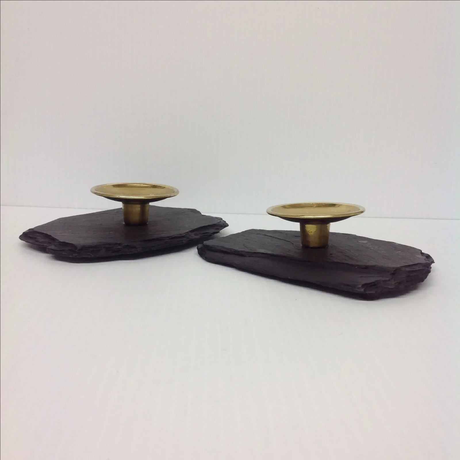 Black Slate & Solid Brass Candle Holders - A Pair - 3