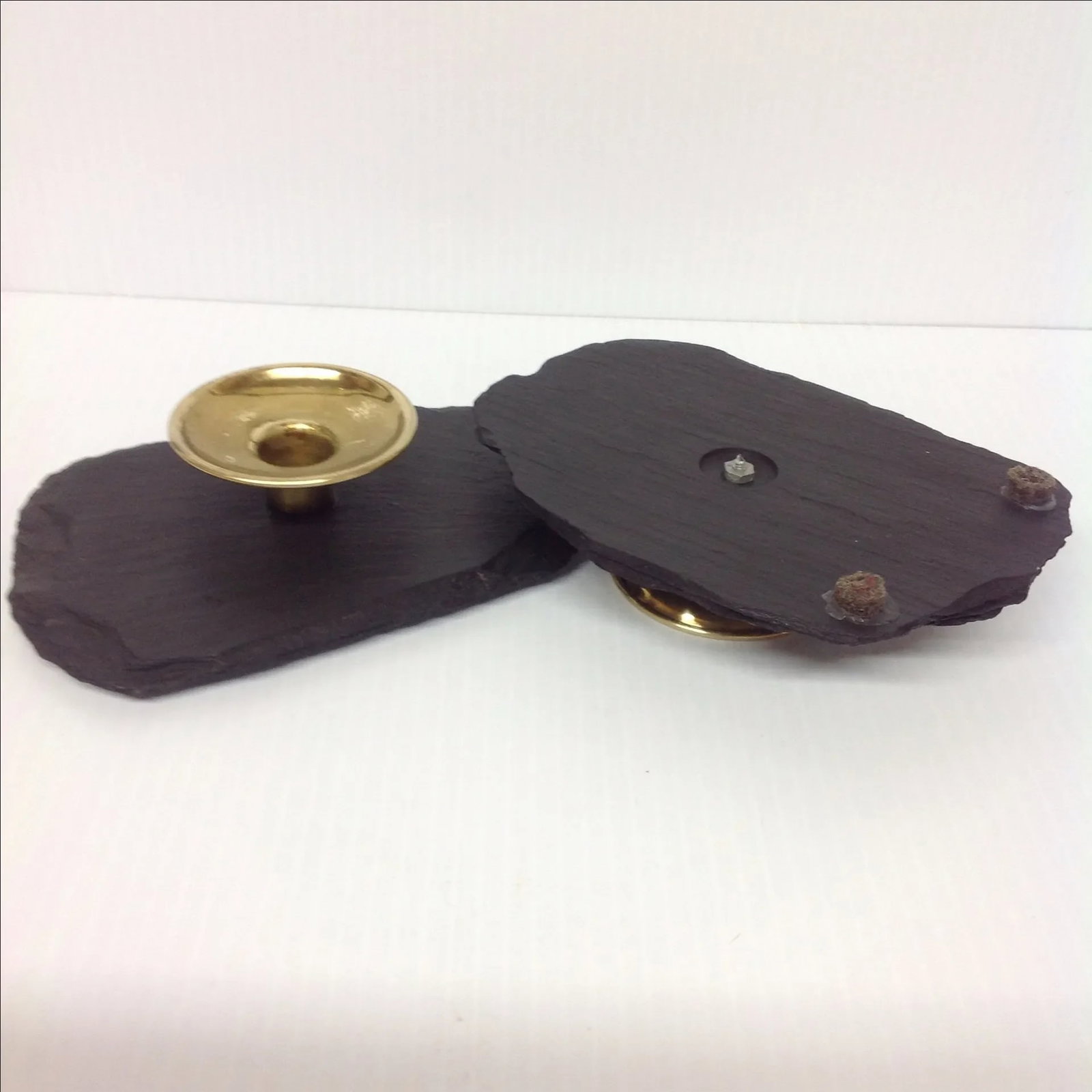 Black Slate & Solid Brass Candle Holders - A Pair - 4