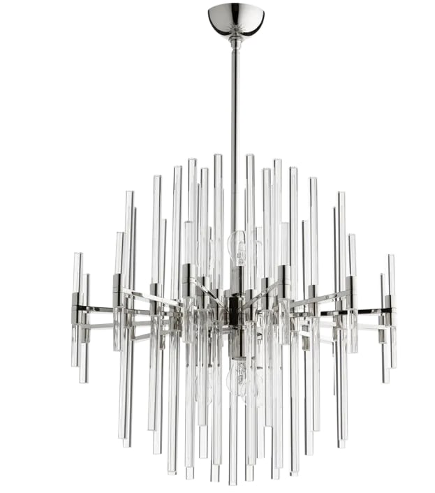 Cyan Design Glass and Polished Nickel Pendent: Make a modern space shine with the elegant look of this six-light large polished nickel and glass pendant. Modeling a timeless profile, its mix of glass rods and polished nickel base blend perfectly