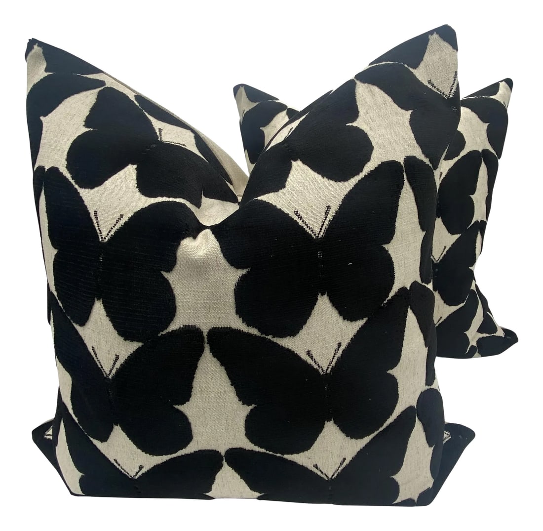 Black & Flax Butterfly Pillows- a Pair: Pair of handcrafted pillows fashioned with cut velvet Butterflies on flax colored background fabric on the front and backed in a flax colored linen. Meticulously crafted with serged interior seams,