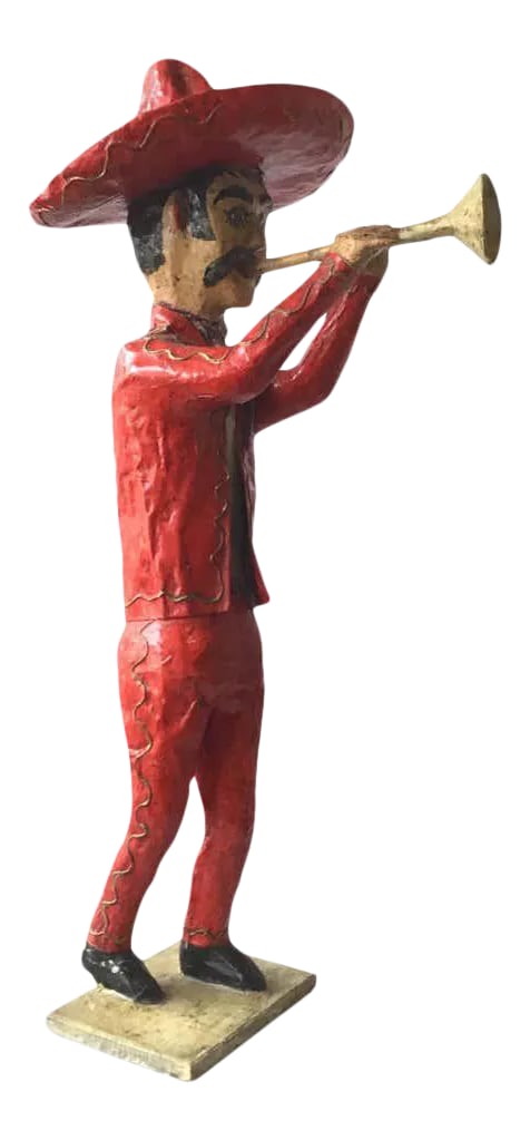 1960s Paper Mache Horn Player. Made In Mexico: 1960s paper mache horn player. Made in Mexico. Condition: Alterations: Unknown Imperfections: Some Imperfections Condition Notes: Good condition. Minor losses Origin: Mexico Materials &