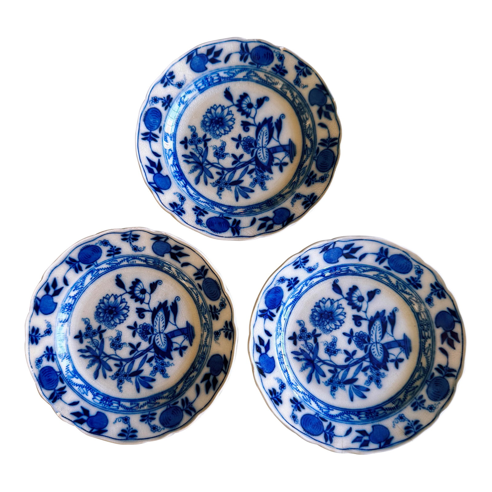 Antique Meissen England Porcelain Plates- Set of 3: A nice collection of three antique Meissen "Blue Onion" plates. 8.5" in diameter. These are English Meissen, not German. Each with a Meissen England mark with flower petal and crown. Maker unknown.