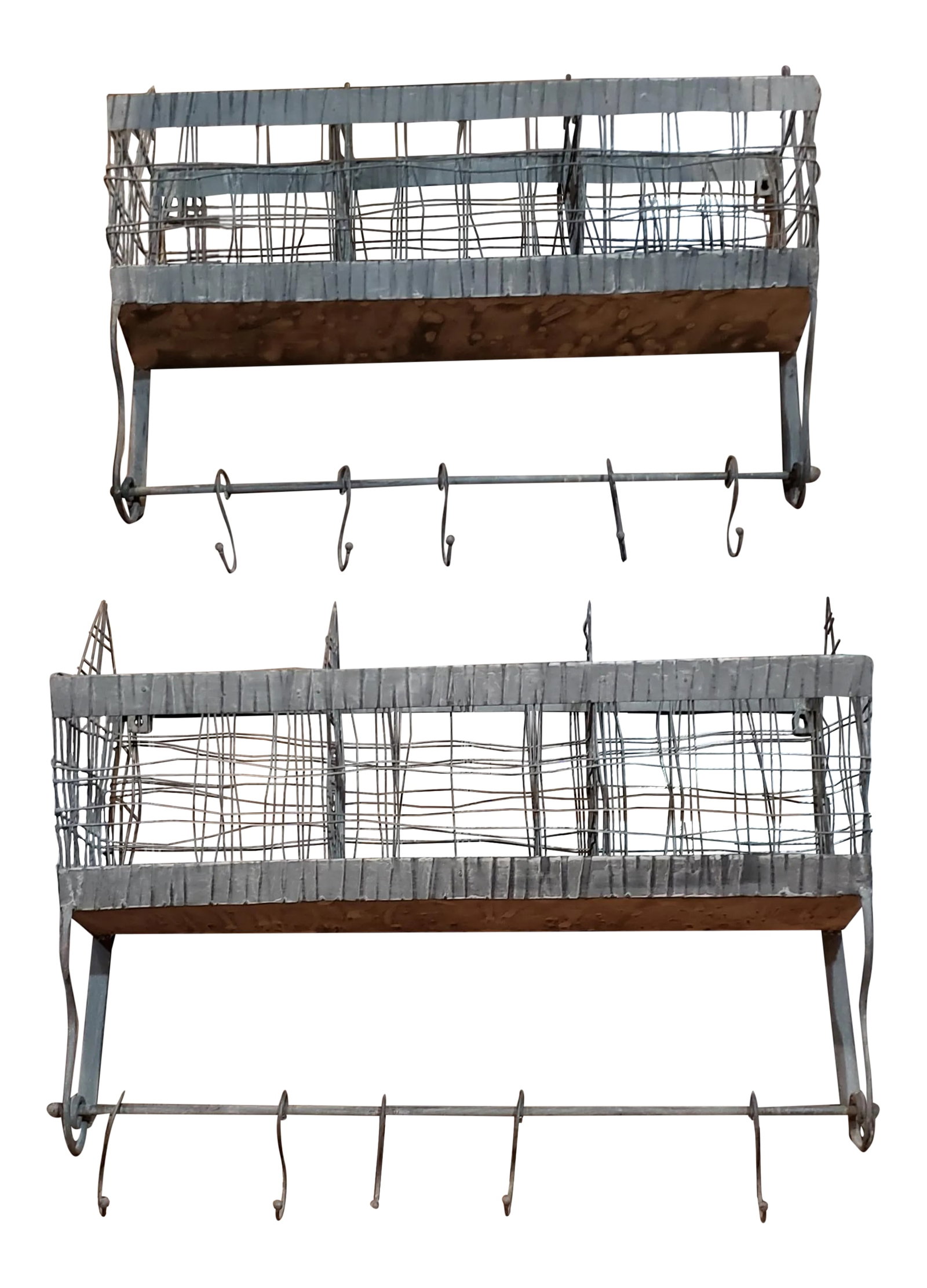 Metal and Wire Vintage Bin or Wall Rack: Unique industrial look gray metal and wire wall mount bin or rack with metal S hooks across the bottom. 3 bins for misc items. This were used in my studio for years and time to make a change. Many