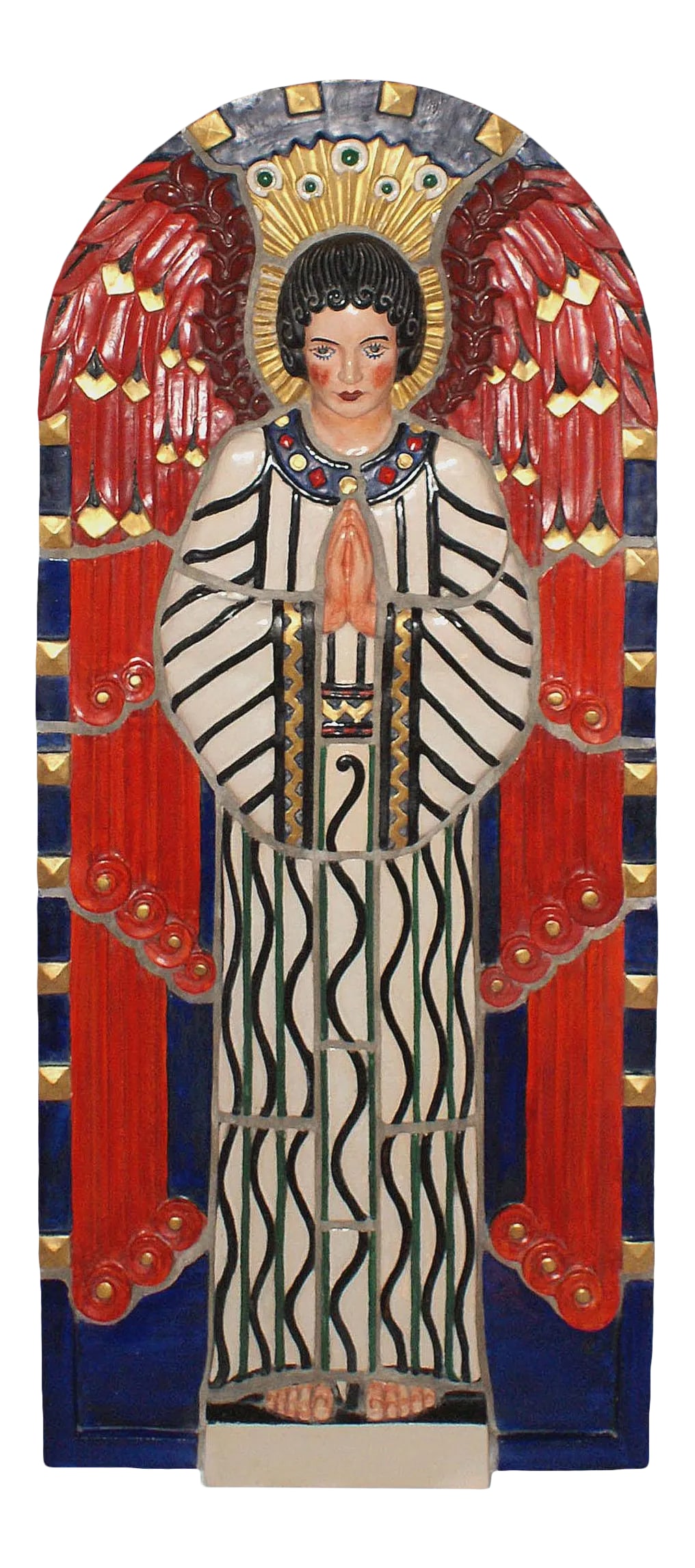 Vintage Art Deco Style Polychrome Terracotta Angel: Exceptional Art Deco style hand glazed and gilded polychrome terracotta plaque of an angel. Beautifully detailed imagery incorporates traditional stylized elements of the Art Deco period such as bell