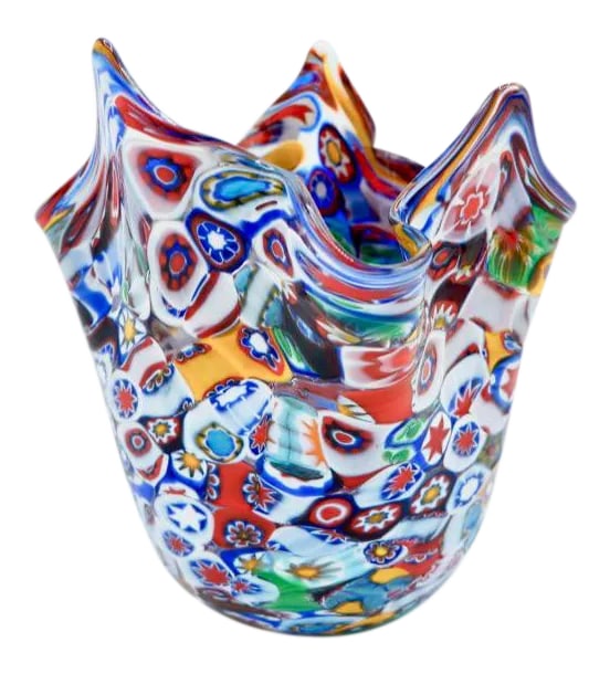 Vintage Murano Millefiori Handkerchief Vase: Gorgeous polychromatic Murano handkerchief vase! This Murano vase was designed in the form of an inverted hanging handkerchief and infused with multicolored milliefiori ("thousand flowers") in a
