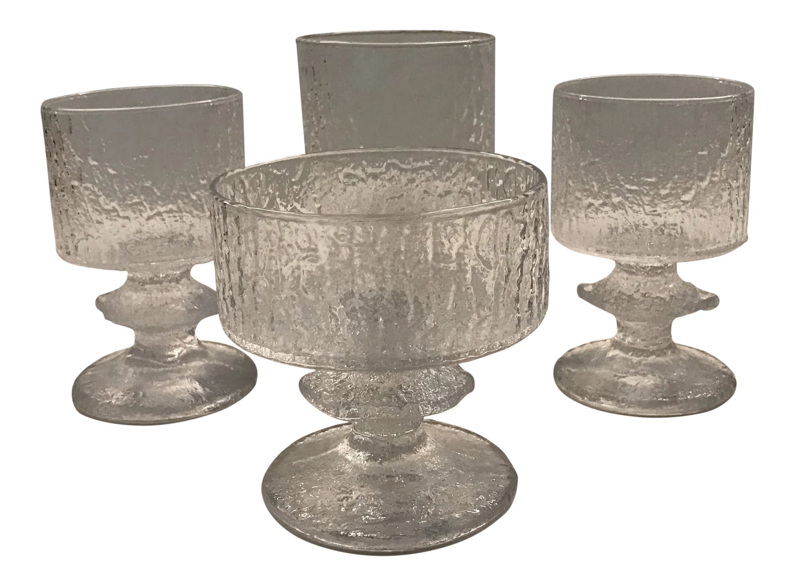 1960s Organic Modern Festivo Wine Goblets by Timo Sarpaneva for Iittal, Finland - Set of 4: The original wine goblet that Finnish Designer, Timo Sarpaneva, created was a glass for his personal use that would hold a full wine bottle, why getting up in the middle of dinner to serve more wine t