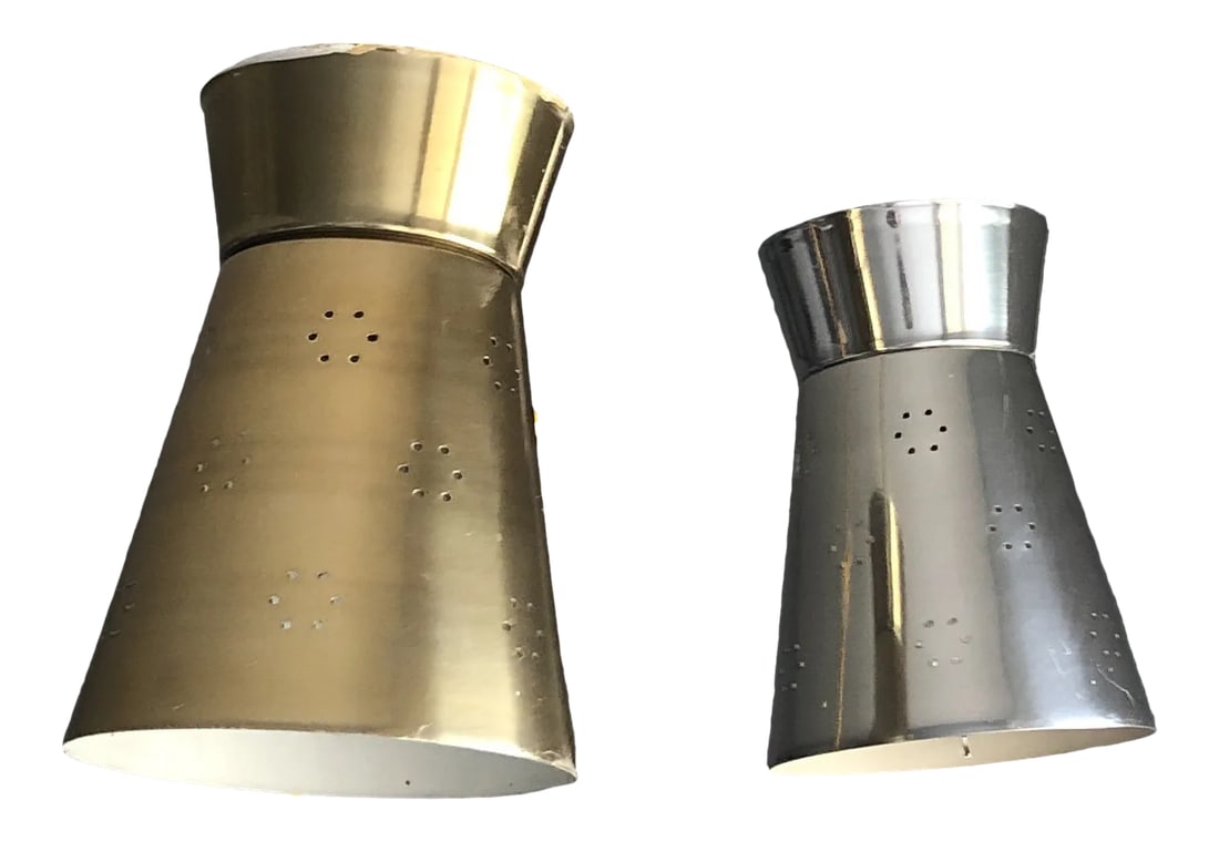 John Virden Mid Century Canister Lights - A Pair: Virden canister light, re-wired. Will include the original electric porcelain has fabric wire. It was originally hard wired but re-wired with pendant lighting. Matching brass canister light to hang