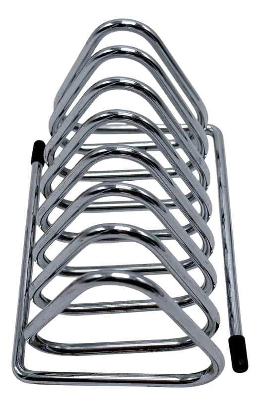 1980s Triangular Tubular Coiled Metal Mail Holder: Enhance your office with this sleek and modern chrome-plated letter rack. Its triangular design and six slots offer both functionality and style, making it an essential office accessory. The durable