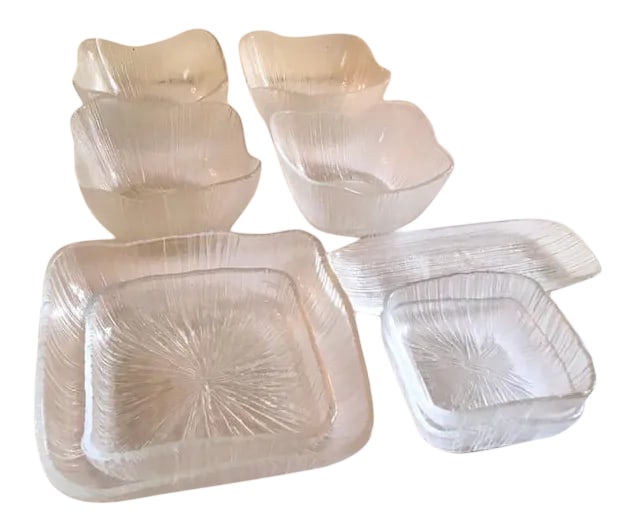 Vintage Abstract Linear Striated Textured Art Glass Salad Set - 9 Piece Set: 9 piece unique vintage transparent art glass Salad Set - with a heavy glass linear striated exterior texture, smooth interior, free form edges, the design includes linear abstract radiation from the