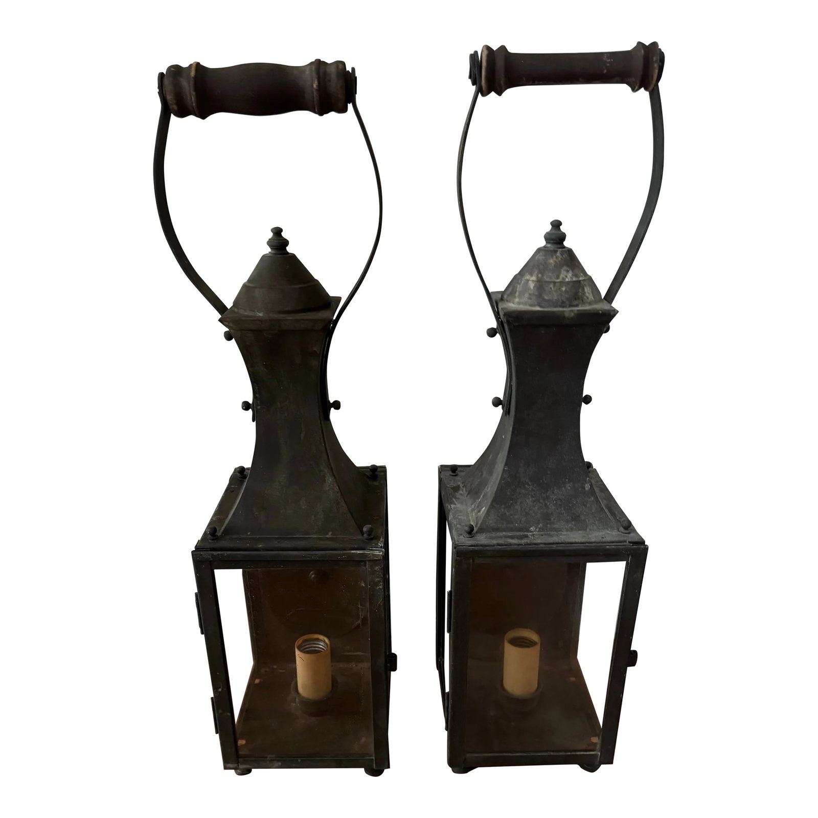 1980s Georgian Art Lighting Wall Sconce Design Light Fixture Lanterns - a Pair: Georgian Art Lighting wall sconce light fixtures. Georgian Art Lighting Lawrenceville GA. Aged over the years, this listing is for the pair. Believe to be 70's or 80's with a wooden handle. Handmade,