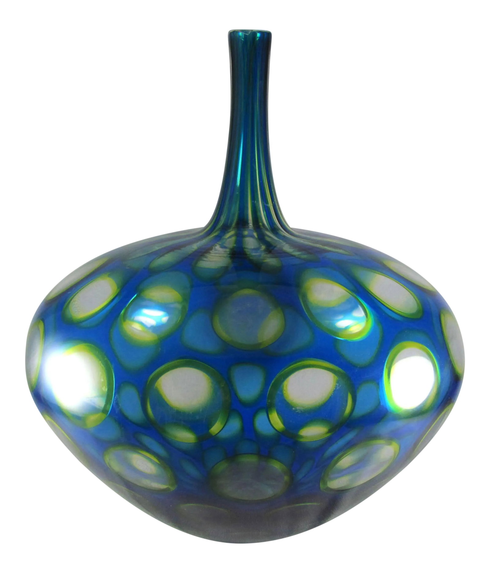 2007 Sam Stang Augusta Glass Studio Hand Blown Art Glass Blue Green Vase: 14-5/8" tall, about 13" at widest point Sam Stang, Augusta Glass Studio, Founding Partner in Ibex Glass Studio (1985 through 1991) Beautiful condition! No chips nor cracks Sits flat with no wobble