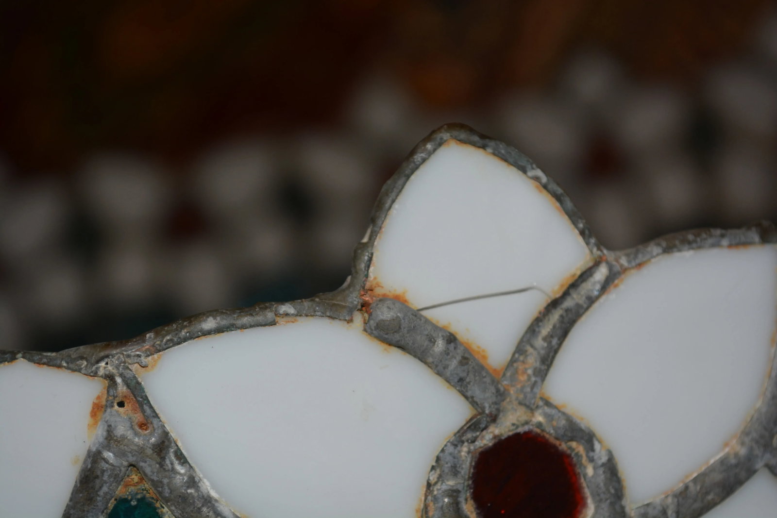 Vintage Hand Crafted Turquoise & White Orange Floral Trim Stained Glass Dome Pendant - 10