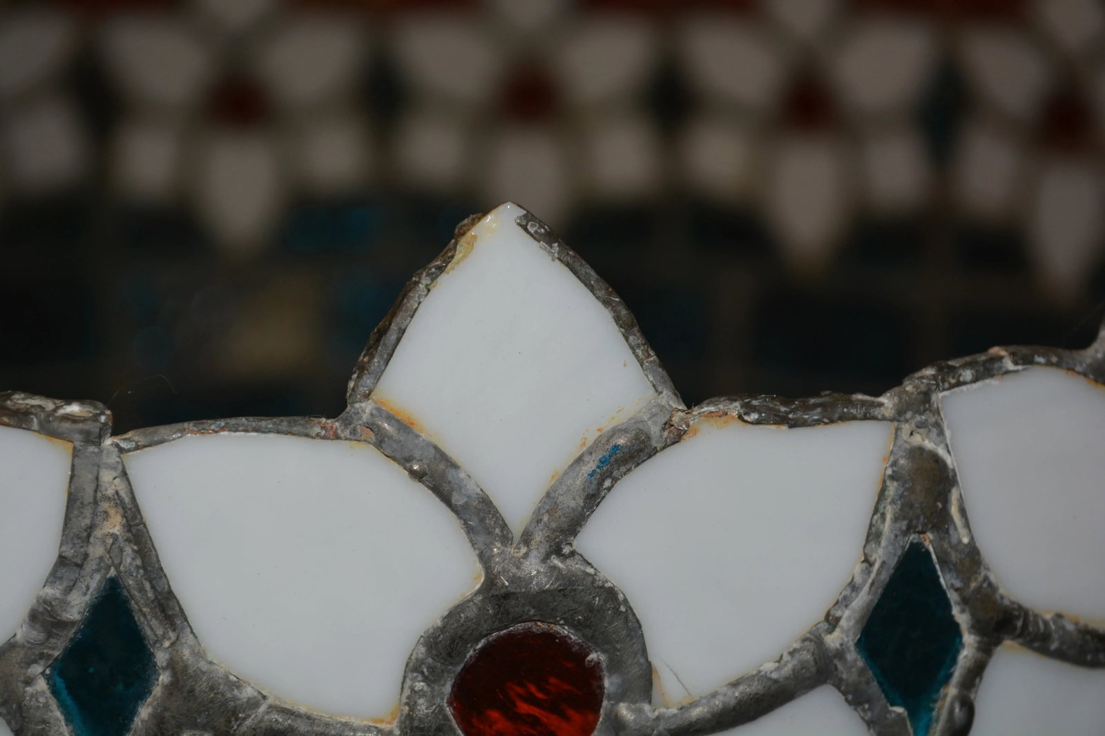 Vintage Hand Crafted Turquoise & White Orange Floral Trim Stained Glass Dome Pendant - 11
