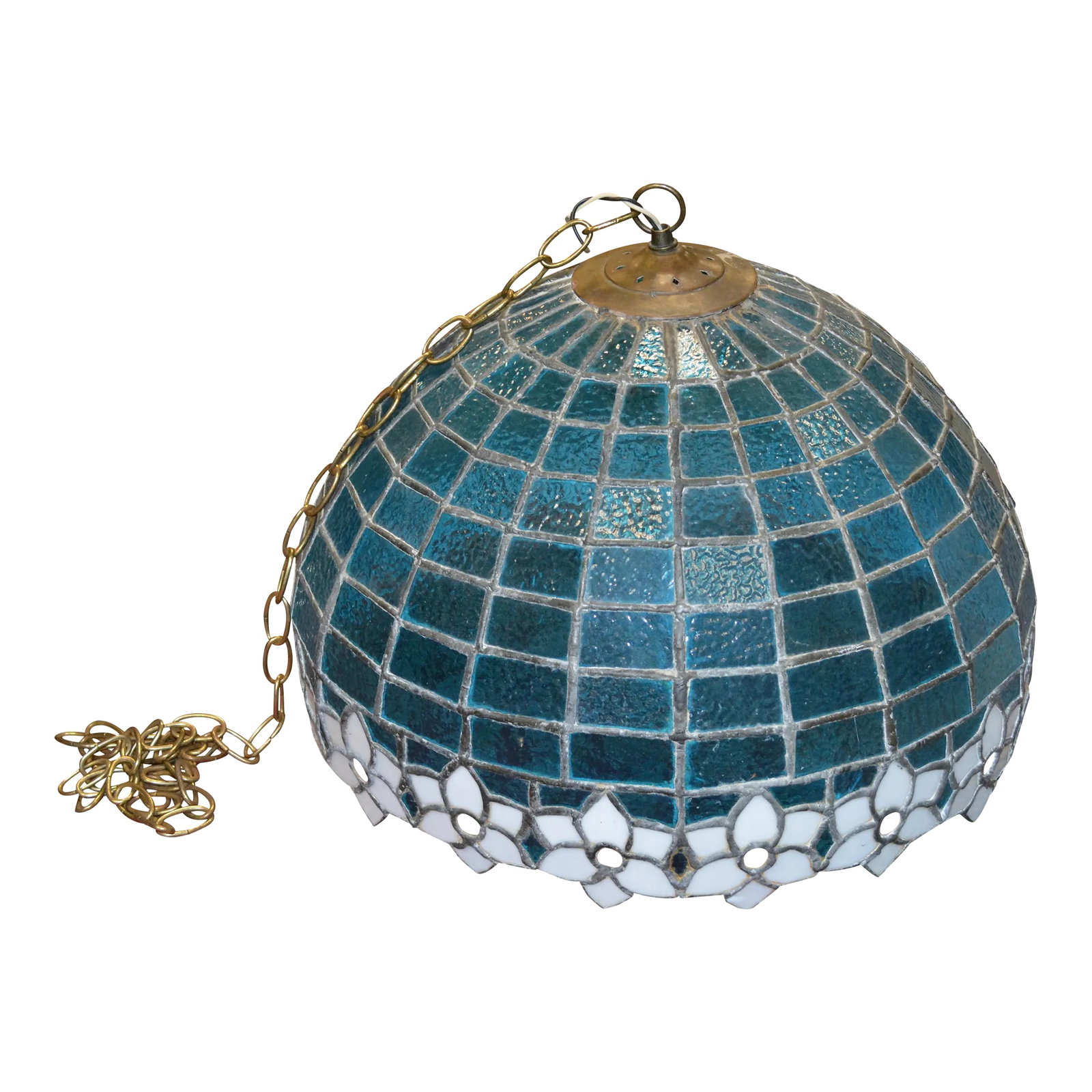 Vintage Hand Crafted Turquoise & White Orange Floral Trim Stained Glass Dome Pendant: I was told this chandelier (possible lamp shade ) was made locally here in VA back in the 1970-80's. It is leaded glass & has a bulb holder with some wire. This will need extra to hang /install or it