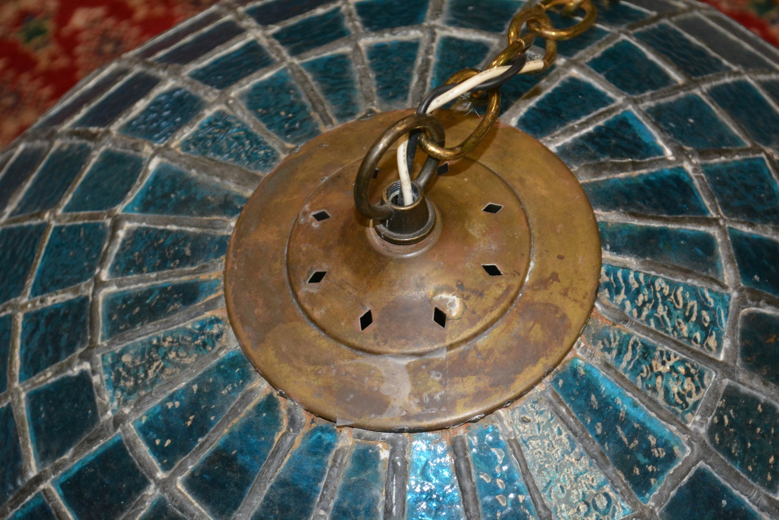 Vintage Hand Crafted Turquoise & White Orange Floral Trim Stained Glass Dome Pendant - 3