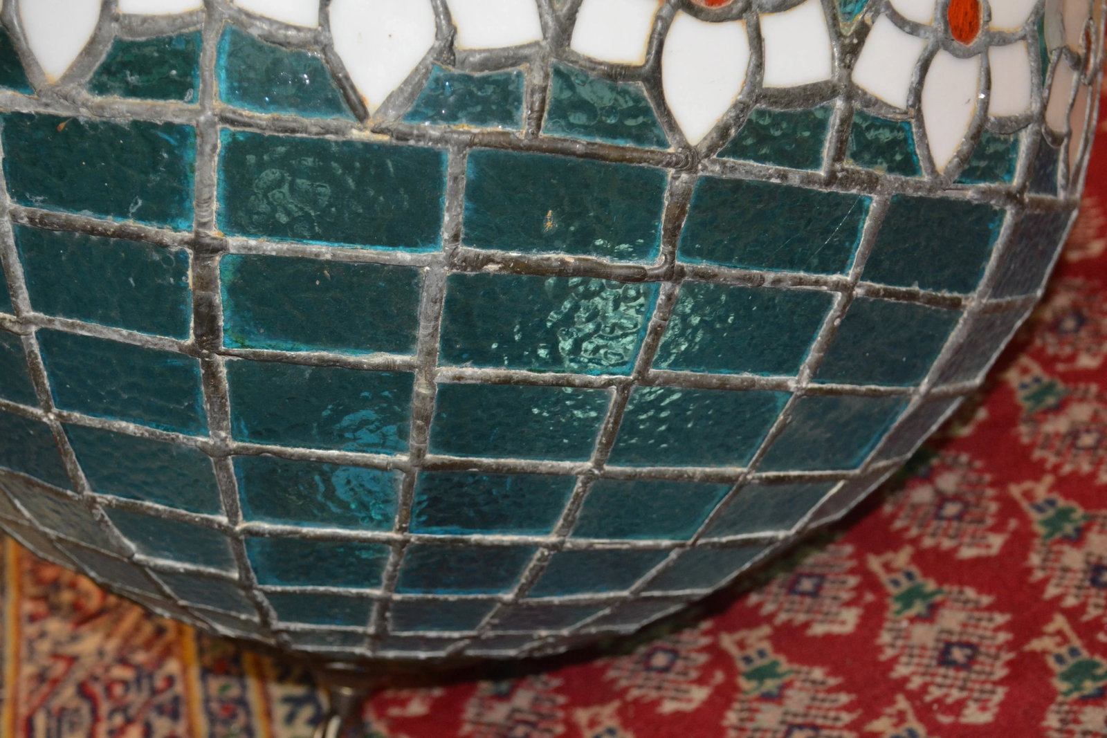 Vintage Hand Crafted Turquoise & White Orange Floral Trim Stained Glass Dome Pendant - 6