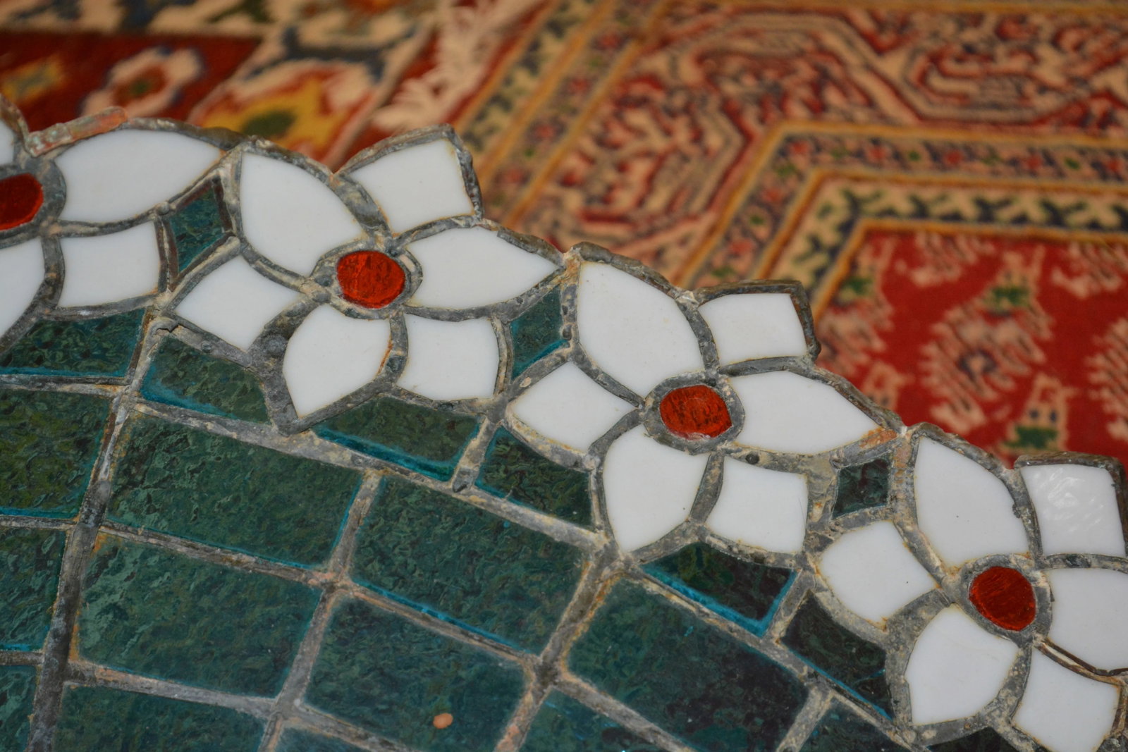 Vintage Hand Crafted Turquoise & White Orange Floral Trim Stained Glass Dome Pendant - 8