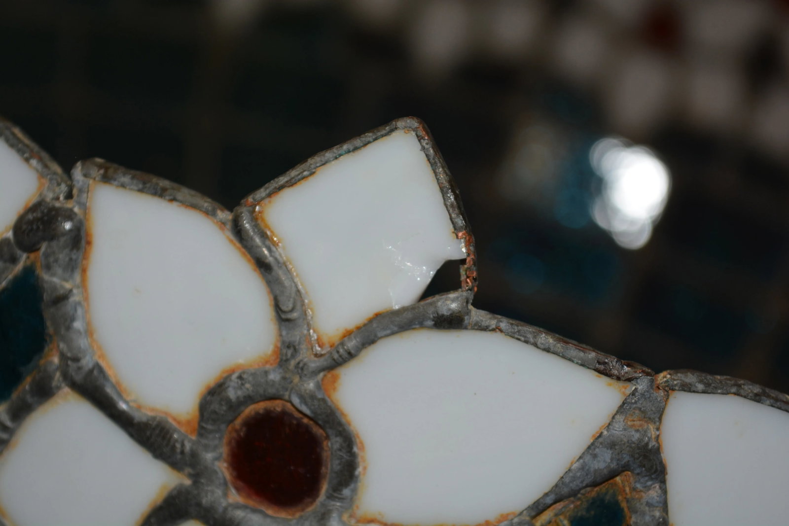 Vintage Hand Crafted Turquoise & White Orange Floral Trim Stained Glass Dome Pendant - 9