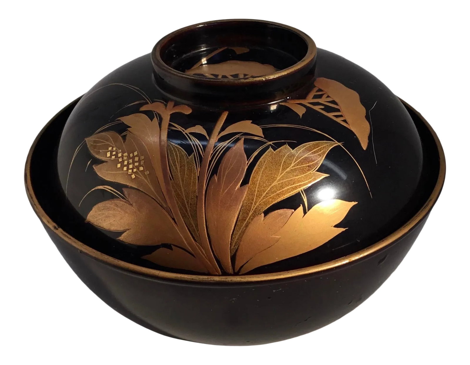 1920s Antique Japanese Maki-E Lacquer Lidded Bowl - a Pair: Beautiful Japanese black lacquer soup or rice bowl and lid. Handpainted gold decoration of flowers, turtles and cranes. Very good Vintage Condition. Bowl is 4.75"in diameter, 2.25"H, lid 4.5