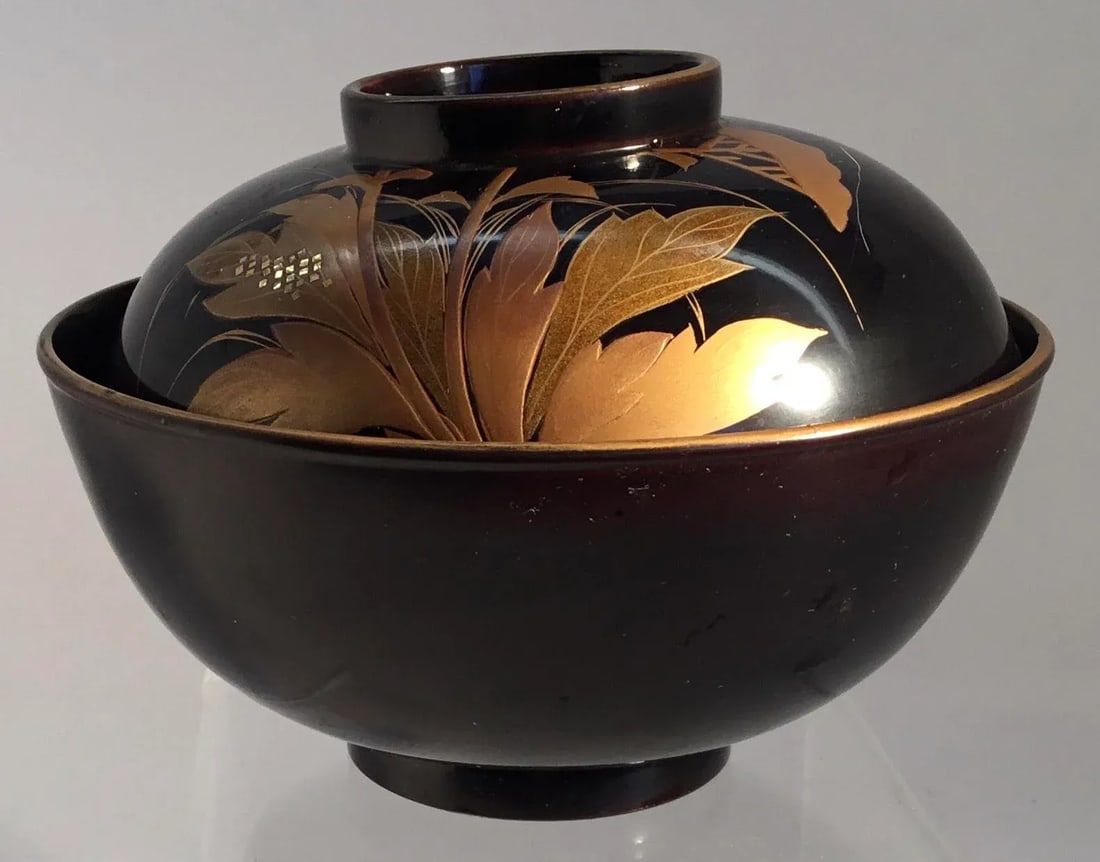 1920s Antique Japanese Maki-E Lacquer Lidded Bowl - a Pair - 2