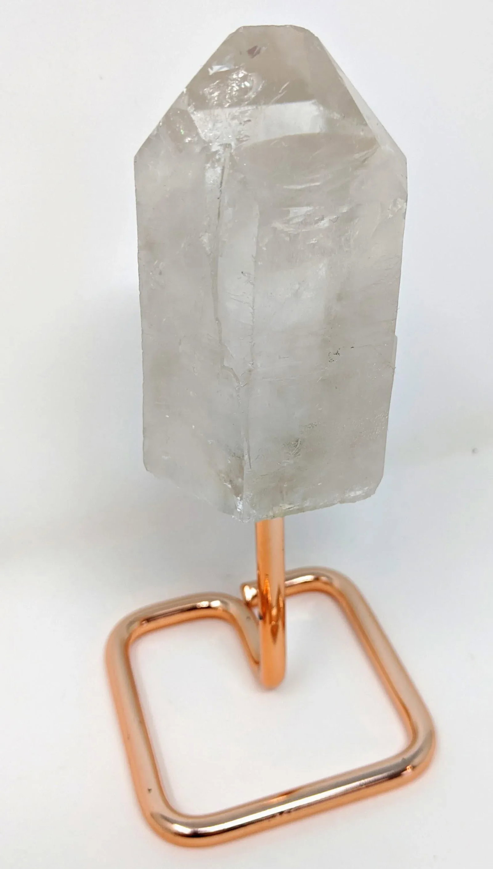 Organic Modern Boho White and Rose Gold Quartz Crystal Point Gemstone Specimen With Stand - 6