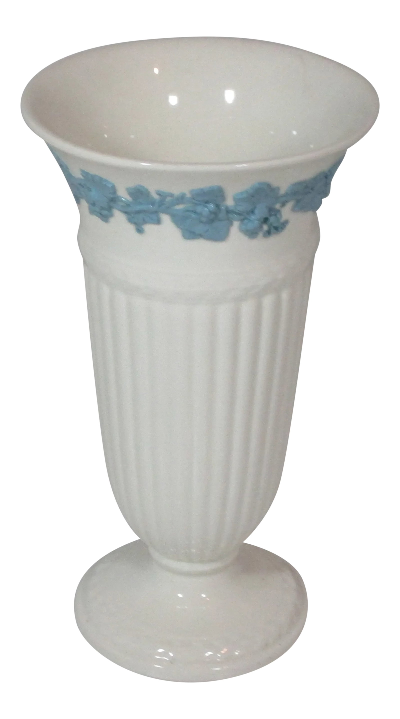 Vintage Wedgwood Queens Ware Vase: Wedgewood queens ware vase cream footed vase with a power blue embossed grapes and leaves boarder, fluted body and laurel leaf design on the base. Condition: Alterations: Original Condition Unaltered