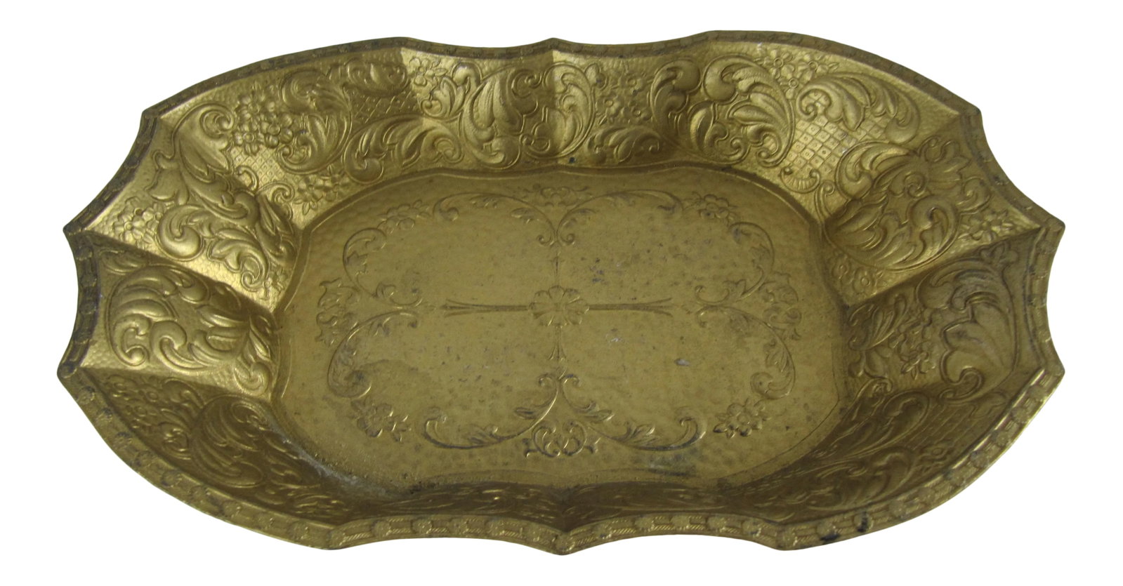 Vintage Ornate Gold Serving Dish With Scroll Design: Beautiful and ornate gold metal catchall with scroll and flower design. Perfect for keys and small items on a vanity or hall table. Could also be used for serving candy, nuts and other treats.