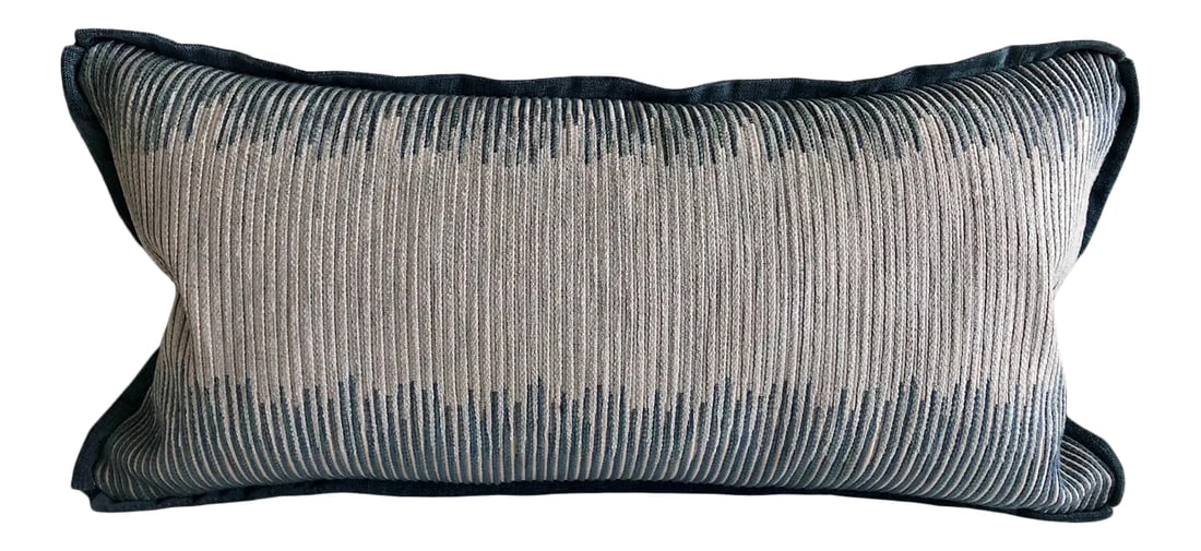Ombre Strip Throw Pillow: Ombre stripe chenille throw pillow. Accented with a contrast flange trim and solid blue back. Pillow includes "angel hair" faux down fill and zipper for easy cleaning. Front fabric- Cowtan & Tout -