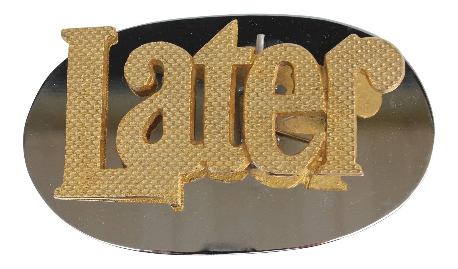 Vintage Later Brass and Chrome Paper Clip Desk Accessory: Designed to hold papers on a procrastinator's desk, this large paper clip desk accessory is rendered in a brilliant chrome with playful brass tone "Later" a vintage script. Condition: Alterations: