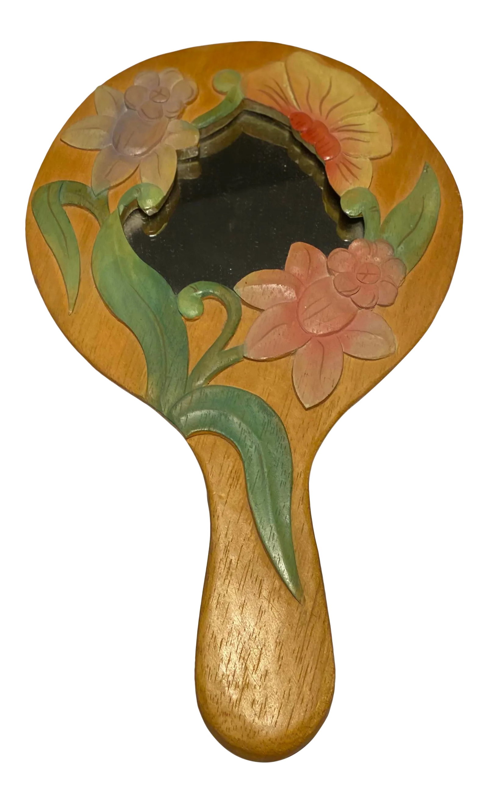 Vintage Artisan Designed Hand Held Vanity Mirror: One of a kind artisan designed handheld mirror. Features several varieties of woods with hand painted flowers and small mirror. Condition: Alterations: Original Condition Unaltered Imperfections: