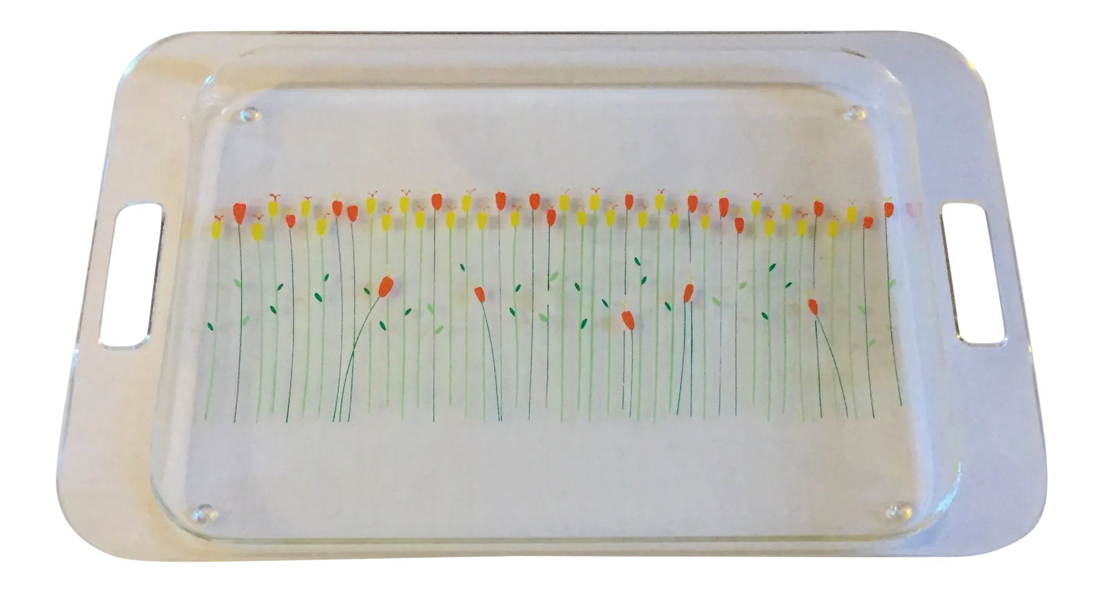 1950s Mid-Century Modern Acrylic Lucite Tray With Floral Tulips Motif: 50s tray with cut-out handles in the style of Dorothy Thorpe. Measures 15.75 x 10x 1.25" high. In great condition for its age. Charming colorful florals and stems appear to be either painted or printe