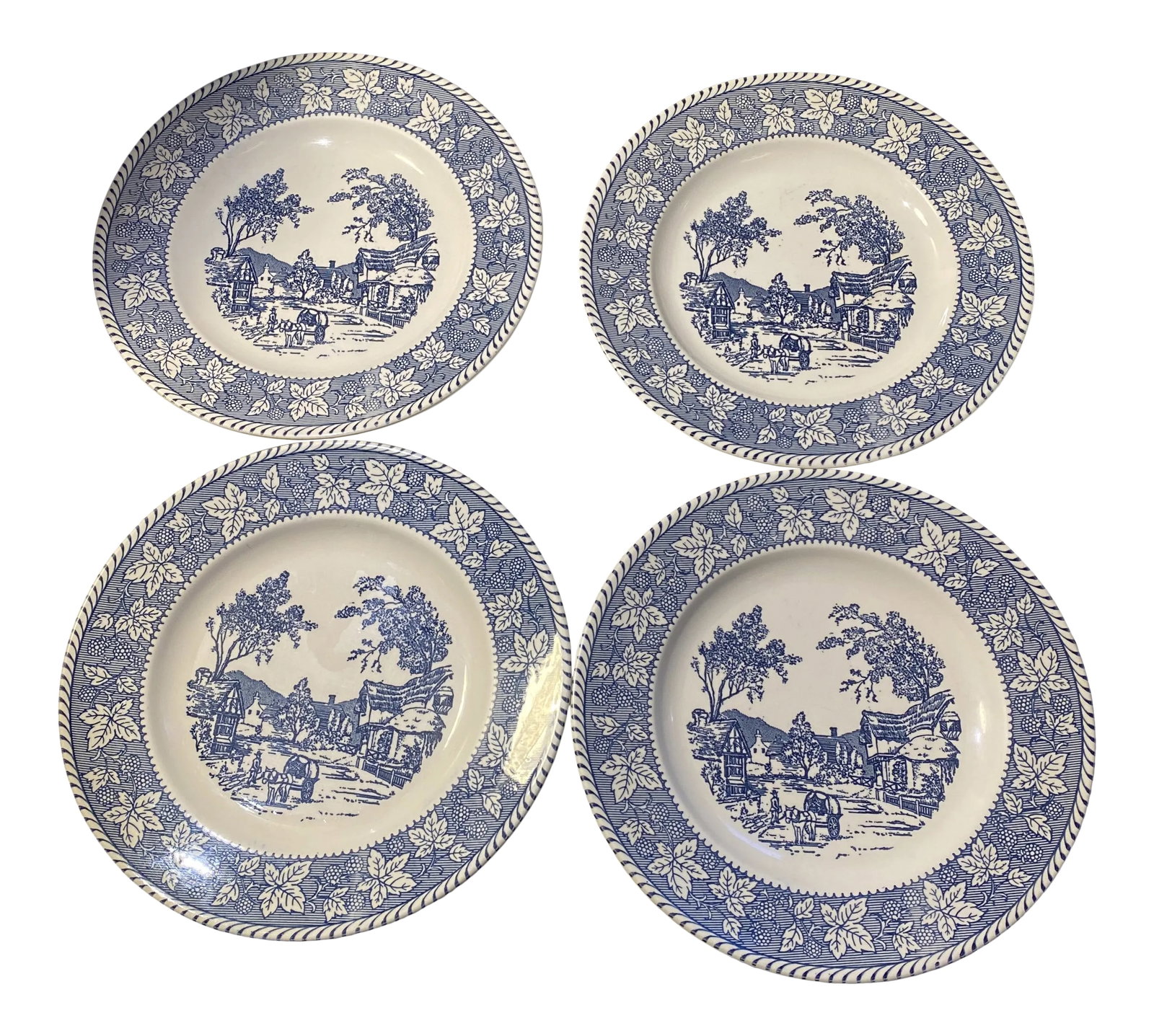 1970s Homer Laughlin China Company Shakespeare's Country Blue Dinner Plates- Set of 4: 4 Homer Laughlin China company 10 1/4 inch Shakespeare country blue dinner plates, made in the USA, vintage, discontinued pattern, excellent used condition, pictures are part of the
