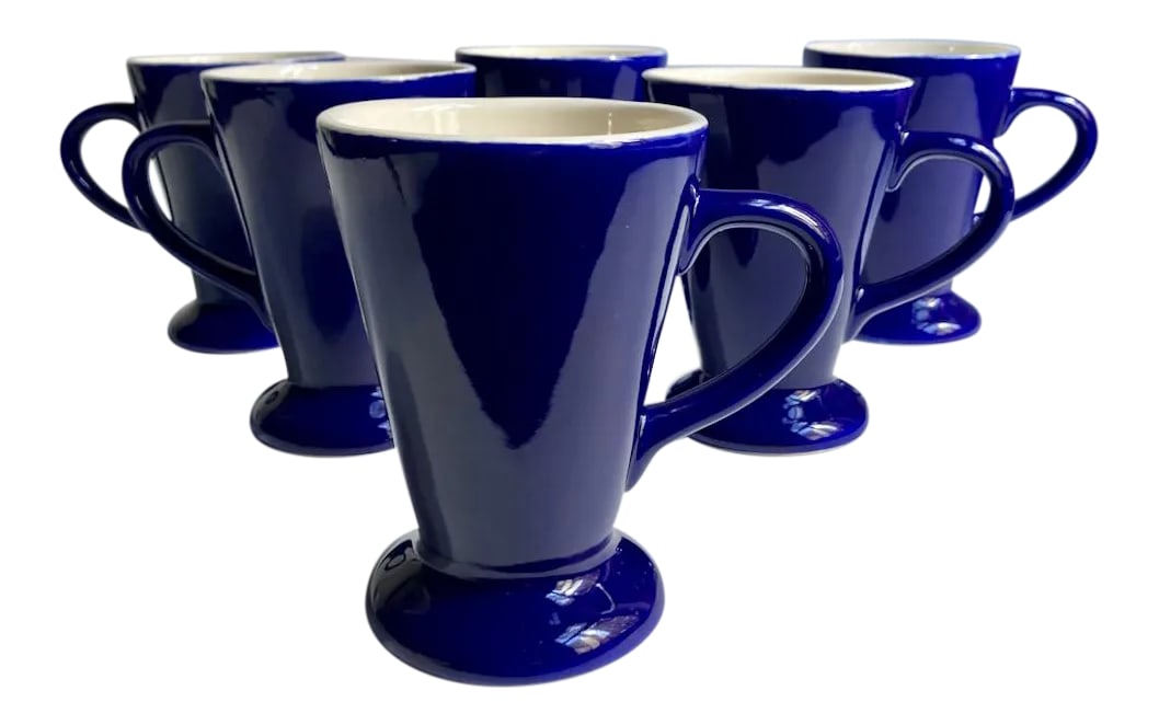 Mid 20th Century Royal Blue Handled Ceramic Mugs - Set of 6: Vintage Bright Cobalt Blue Glazed Romanian Coffee Cups. Tea. Espresso. Latte. Hot Chocolate. Featuring reflective handled and footed glazed Ceramic Cups with Creamy White interior. Top 3"W. Base