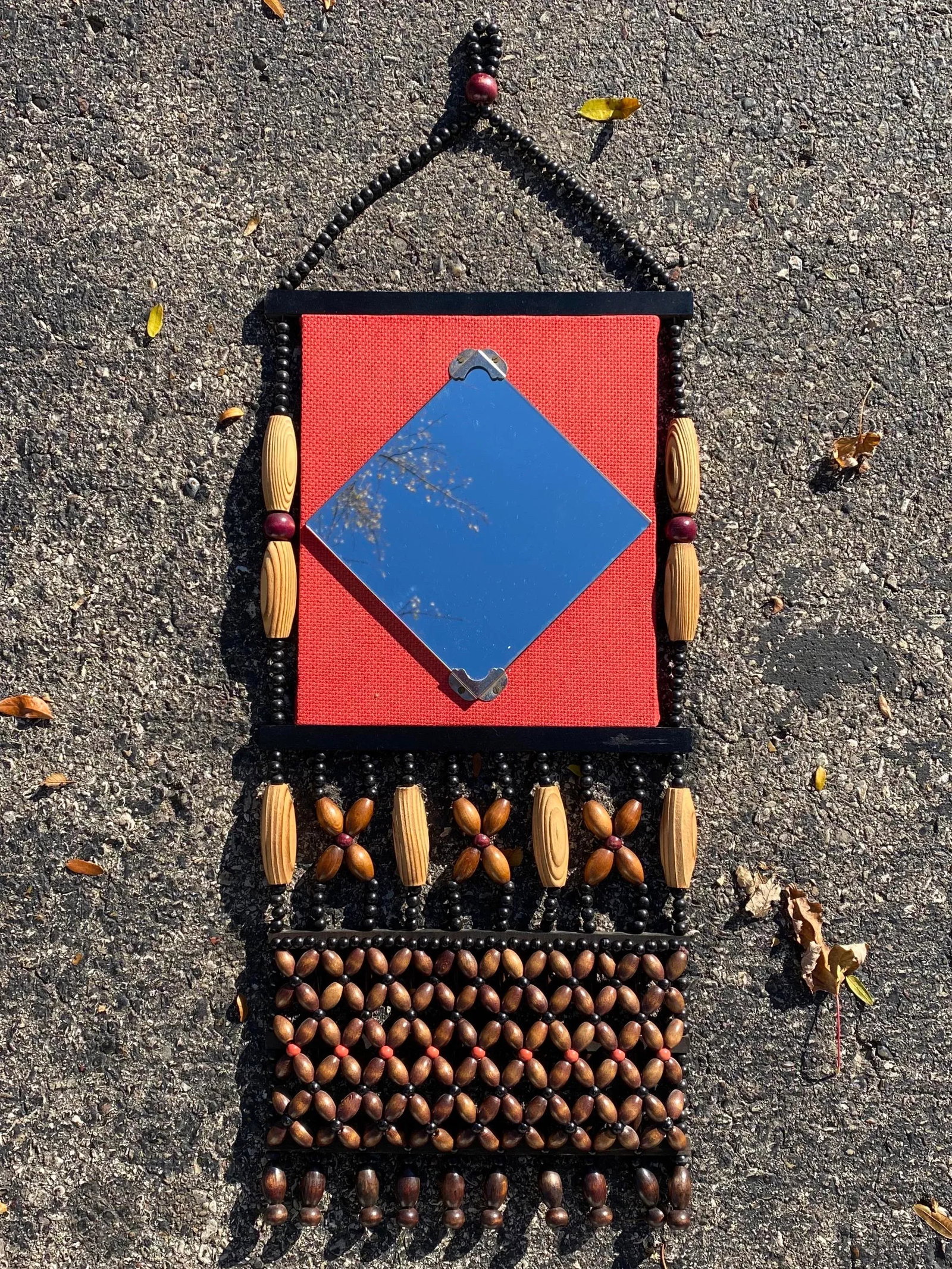 Mid 20th Century Boho Beaded Mirror and Pocket Wall Hanging - 5