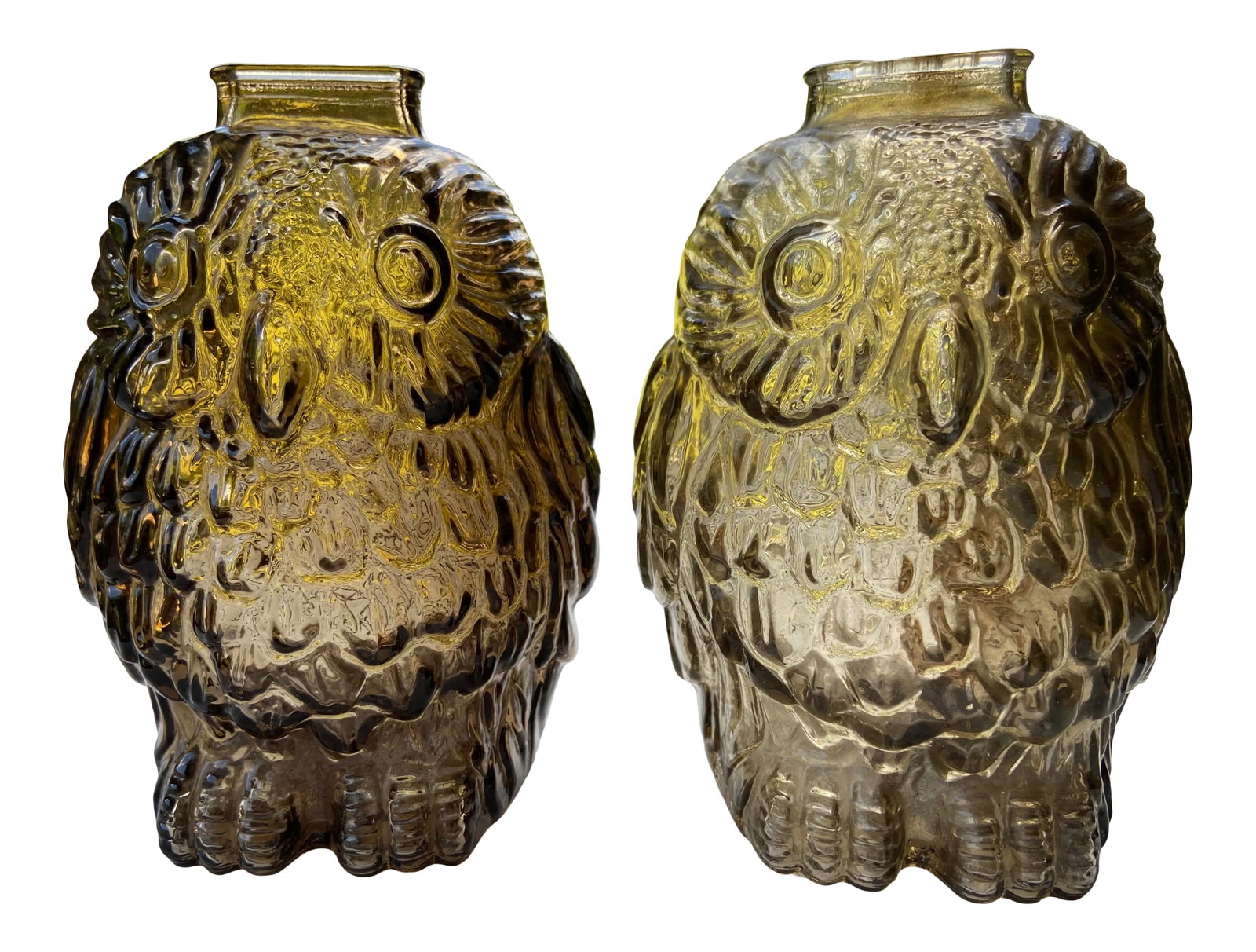 Mid 20th Century Glass Owl Piggybanks- A Pair: This pair would be bookends filled with coins. No way to get the money out of the bank short of breaking the glass. Condition: Alterations: Original Condition Unaltered Imperfections: Some Imperfectio