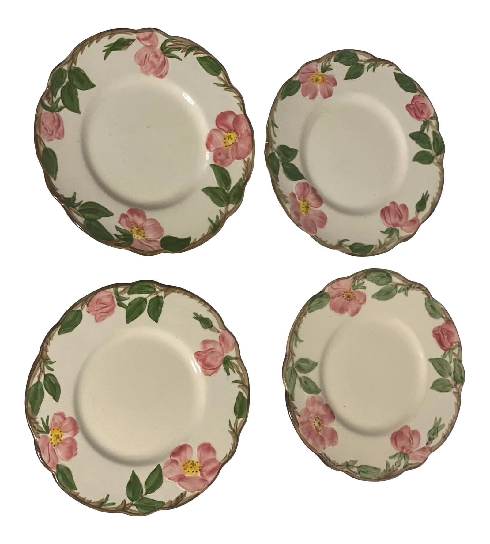 1990s Franciscan Desert Rose Bread Plates- Set of 4: 4 Franciscan Desert Rose 6 3:8" Bread Plates, Vintage, made in the USA back stamp, no chips or cracks, no visible crazing, pictures of part of the description. Condition: Alterations: Original