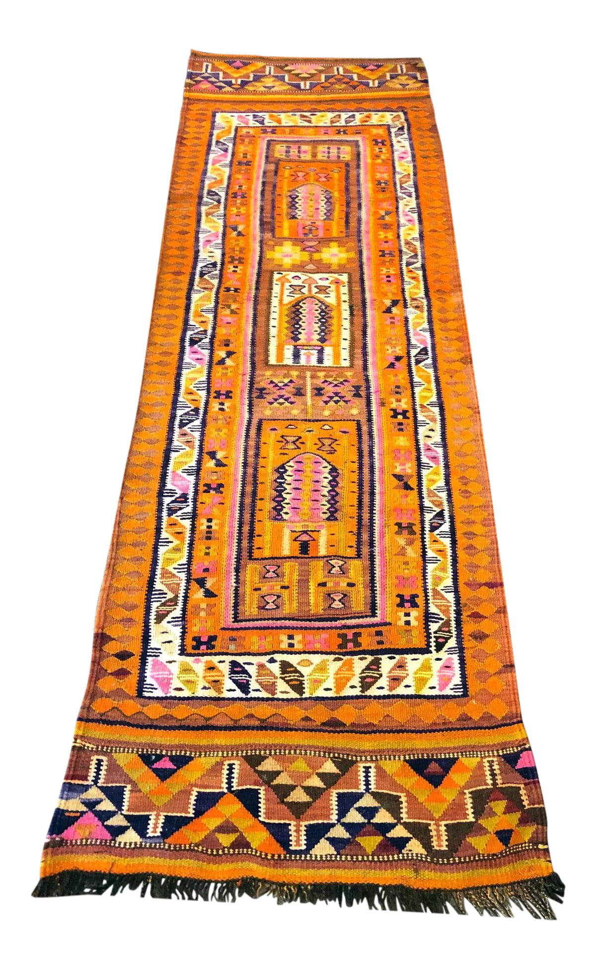 1930s Tribal Flat Weave Moroccan Runner: Very nice vintage Moroccan narrow runner, measures 2'-7" x 8'-4". This runner has a gorgeous tribal geometric look on top of awesome well balanced color combination . It is in excellent condition , pr