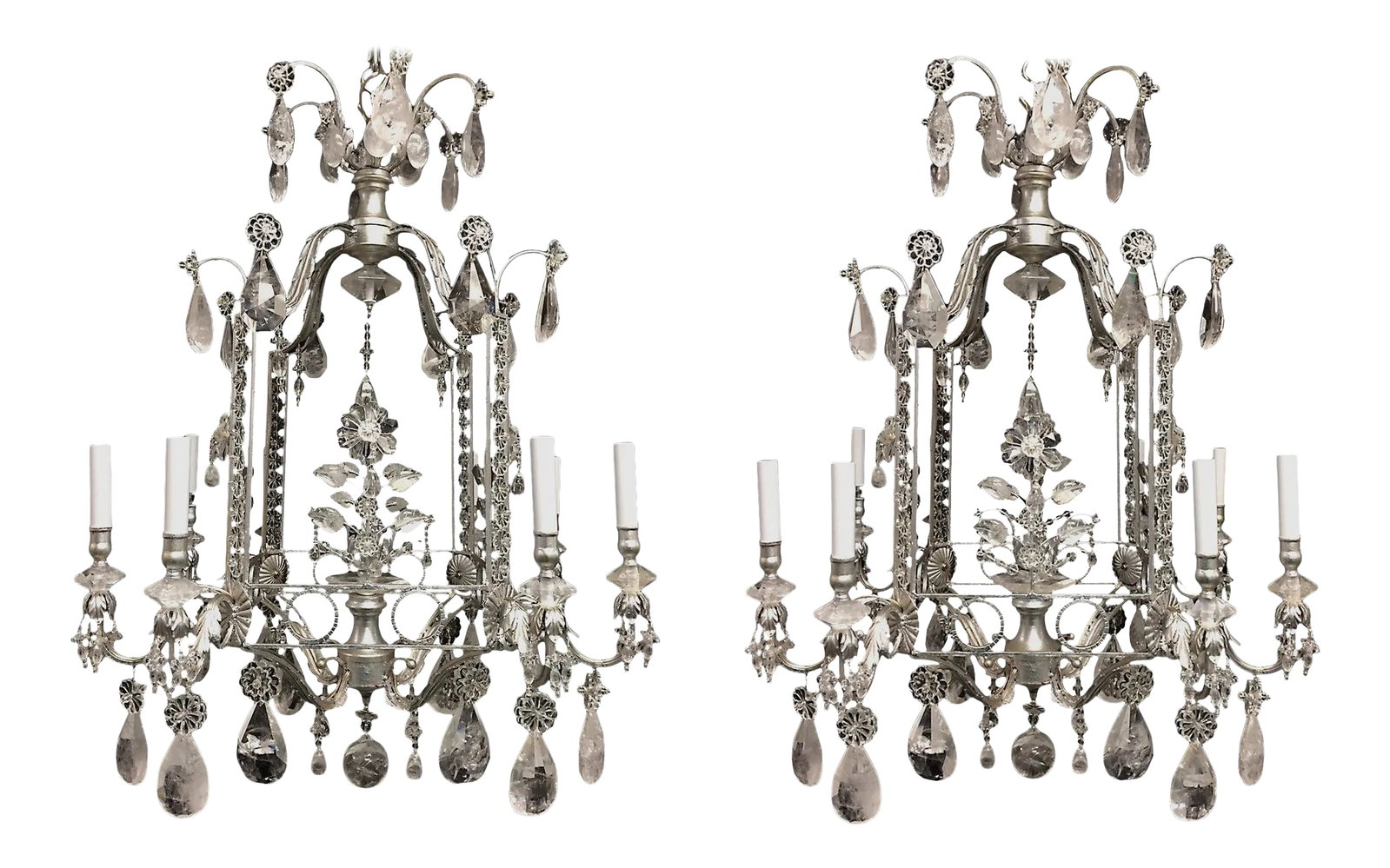 Rock Crystal and Gilt Metal Silvered Cage Form Eight-Light Chandeliers - A Pair (1 of 7)