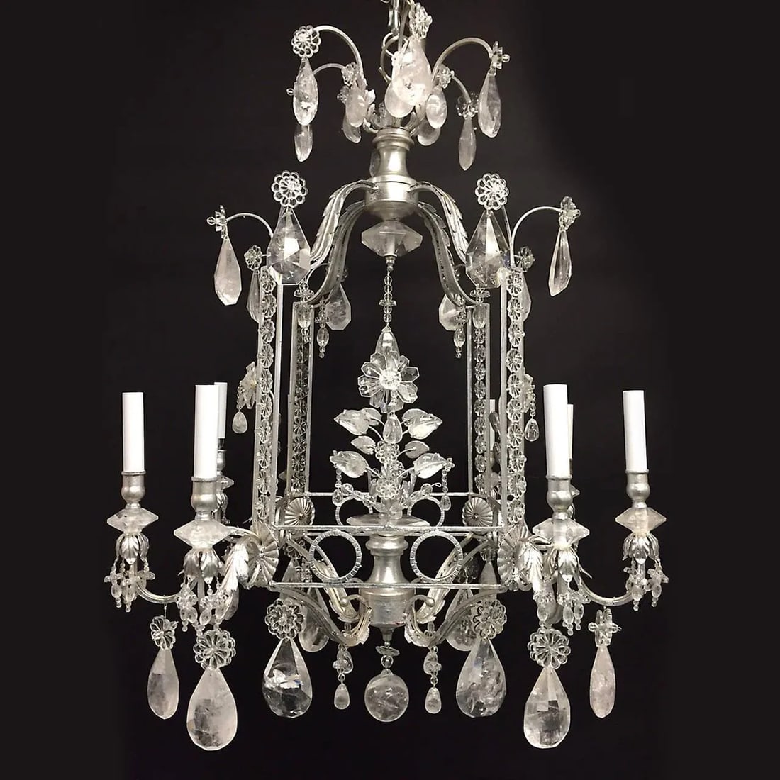 Rock Crystal and Gilt Metal Silvered Cage Form Eight-Light Chandeliers - A Pair - 2