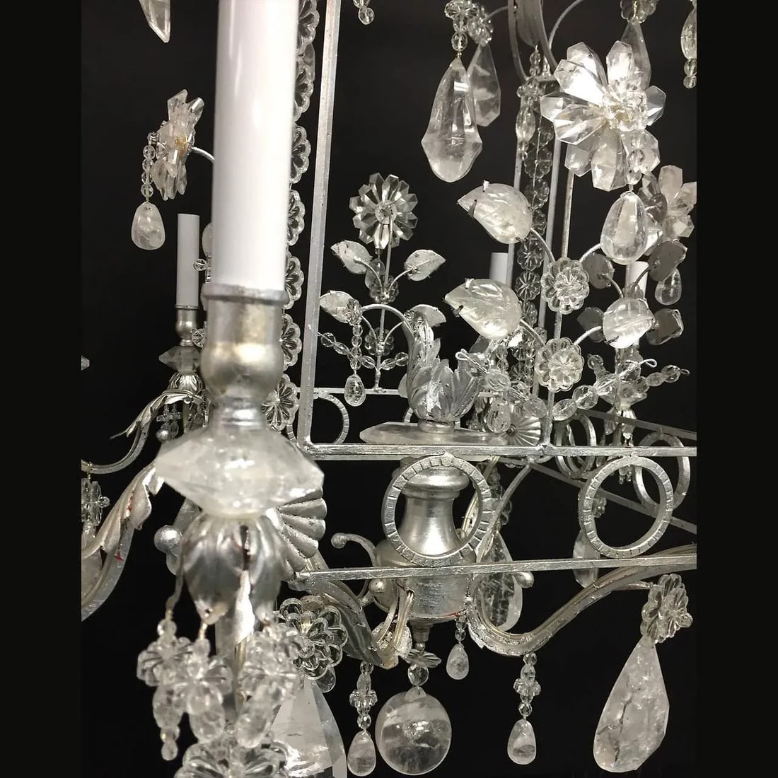 Rock Crystal and Gilt Metal Silvered Cage Form Eight-Light Chandeliers - A Pair - 5