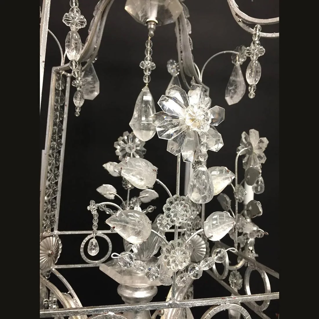 Rock Crystal and Gilt Metal Silvered Cage Form Eight-Light Chandeliers - A Pair - 6