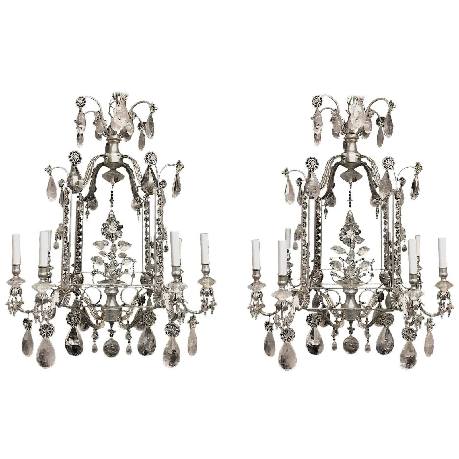 Rock Crystal and Gilt Metal Silvered Cage Form Eight-Light Chandeliers - A Pair - 7