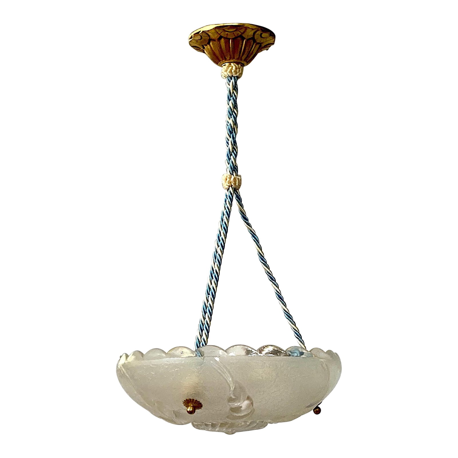 1940s Hanging Light Chandelier Pendant, French-American Art Deco Combo Eye Candy: Offering a most attractive and useful hanging light, a combination of 40s American glass and a brand-new (gently used) French cordelier, made of various fabrics probably including silk. The canopy is 