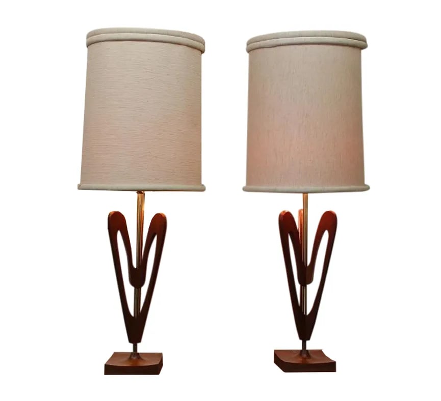Mid-Century Danish Modern Lamps - Pair: This great pair of Danish Modern lamps is super cute. The bodies are made of teak with a dark walnut stain. They are in great vintage condition with only minor wear. They come with the original