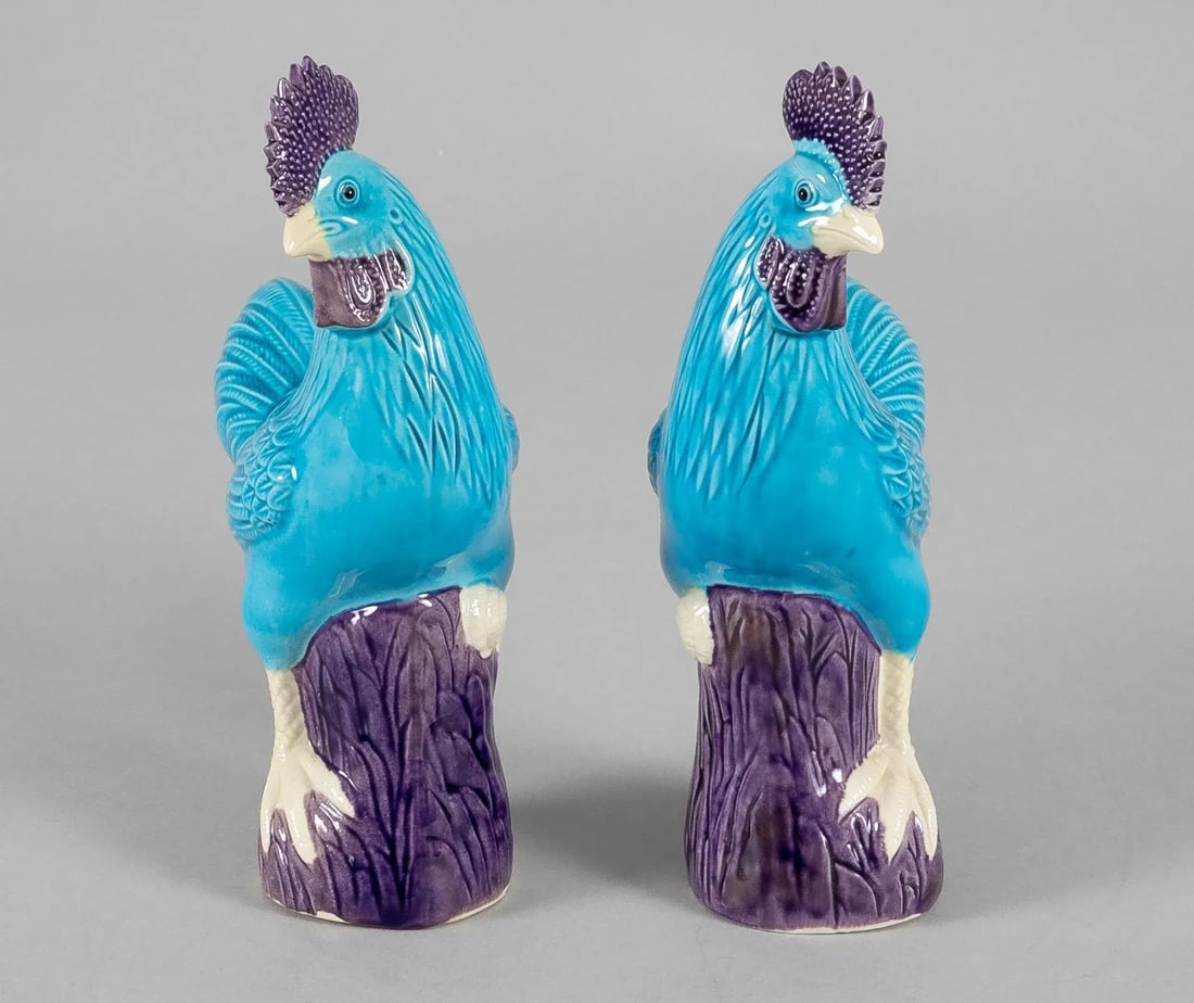 Chinese Export Porcelain Turquoise and Purple Roosters, a Pair - 2